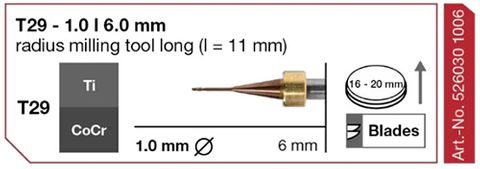 T29 MILLING TOOL - 1.0MM | 6MM SHANK - LONG (TI, COCR)