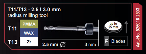 T11//T13 - 2.5 | 3.0mm radius milling tool PMMAWax/Zr