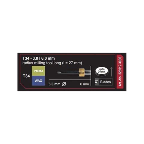T34 3.0 | 6.0 mm radius milling tool long (I=27 mm) PMMA/Wax