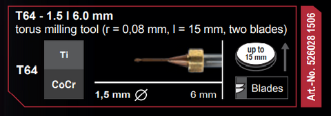 T64-1.5 | 6.0mm Torus milling tool (r=.08mm I=15mm, two blades)