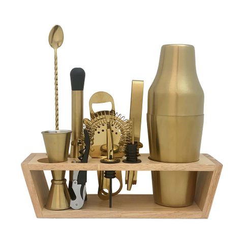 BAR TOOL SET AND STAND GOLD 11 PIECE