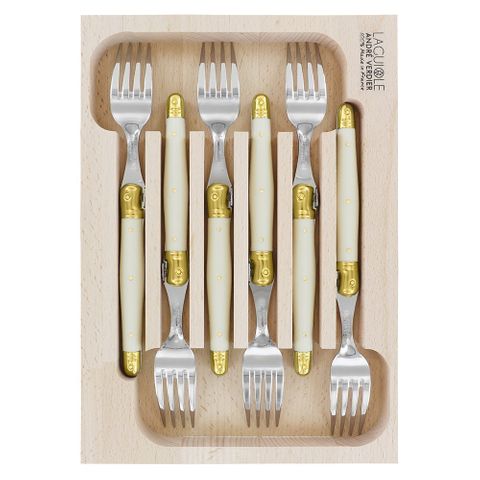 Laguiole Fork Set 6 Ivory/brass Bolsters