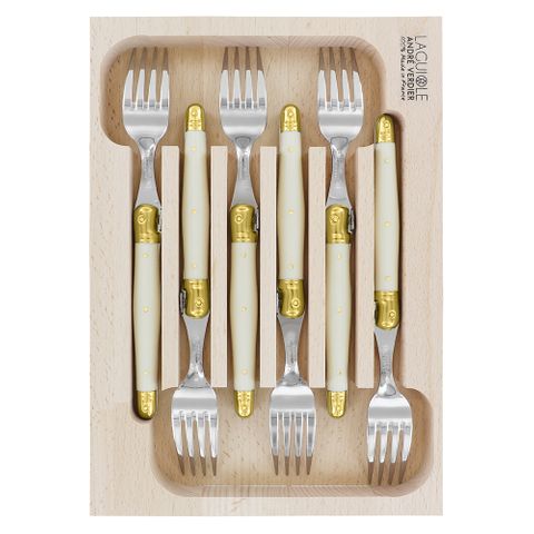 Laguiole Fork Set 6 Ivory/brass Bolsters