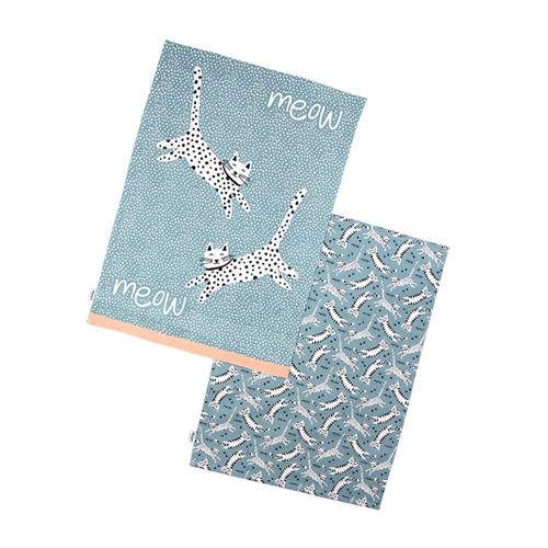 Meow Recycled Cotton Set Of 2 Tea Towels - Blue