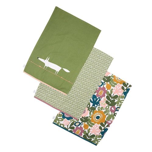 Mr Fox Set Of 3 Tea Towels - Green