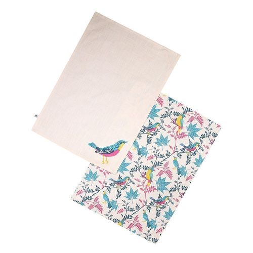 Birds Organic Cotton Set Of 2 Tea Towels - Stone