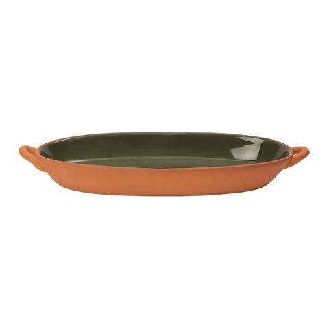Sintra Glazed Terracotta Oval Baking Dish - Olive Green