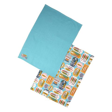 Sardines Set Of 2 Tea Towels - Blue