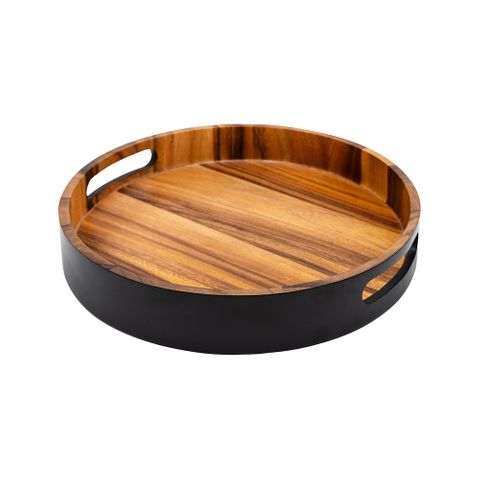 Eclipse Round Tray In Black And Acacia D320 X H50mm