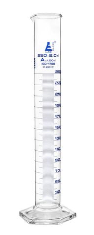 Measuring cylinder glass 250ml Cl.A blue