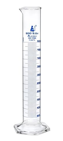Measuring cylinder glass 500ml Cl.A blue