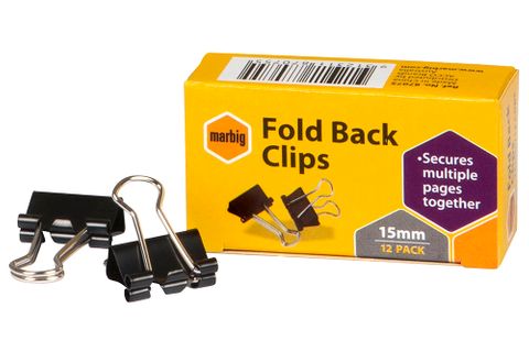 Foldback clips 15mm black Marbig