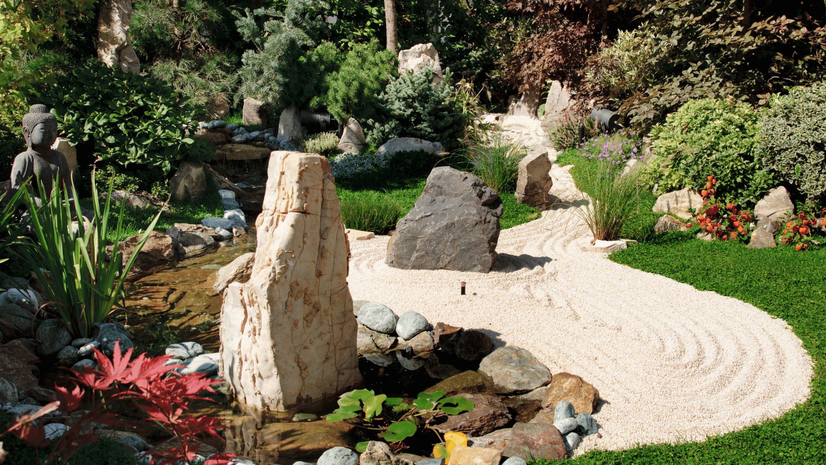 Japanese Zen Garden With Bonsai And Traditional Stone Lantern