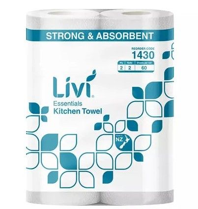 LIVI ESSENTIALS KITCHEN TOWEL. 2PLY 60 SHEET. (18)