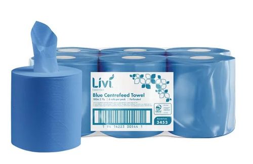 LIVI ESSENTIALS BLUE 2PLY CENTREFEED RO-TOWELS 180M (6)