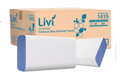 LIVI ESSENTIALS BLUE 2PLY SLIM PAPER TOWELS. (4000)