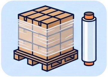 Pallet of cartons wrapped in stretch film with a roll of pallet wrap