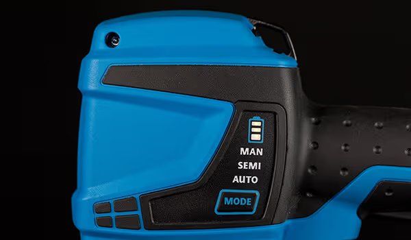 Mode panel on the Josef Kihlberg cordless carton stapler showing manual, semi-automatic and automatic settings