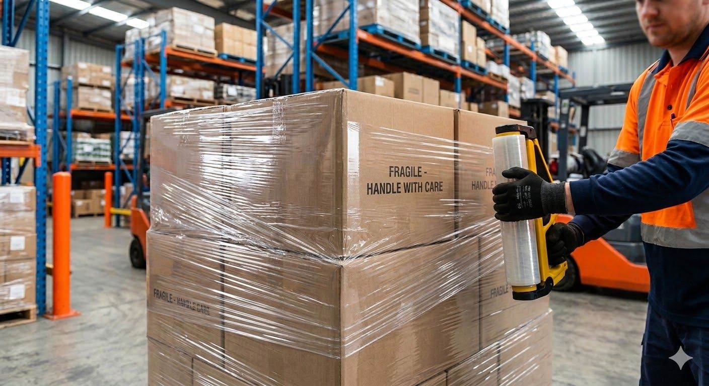 High-performance clear pallet wrap being tightly applied to a secure warehouse load