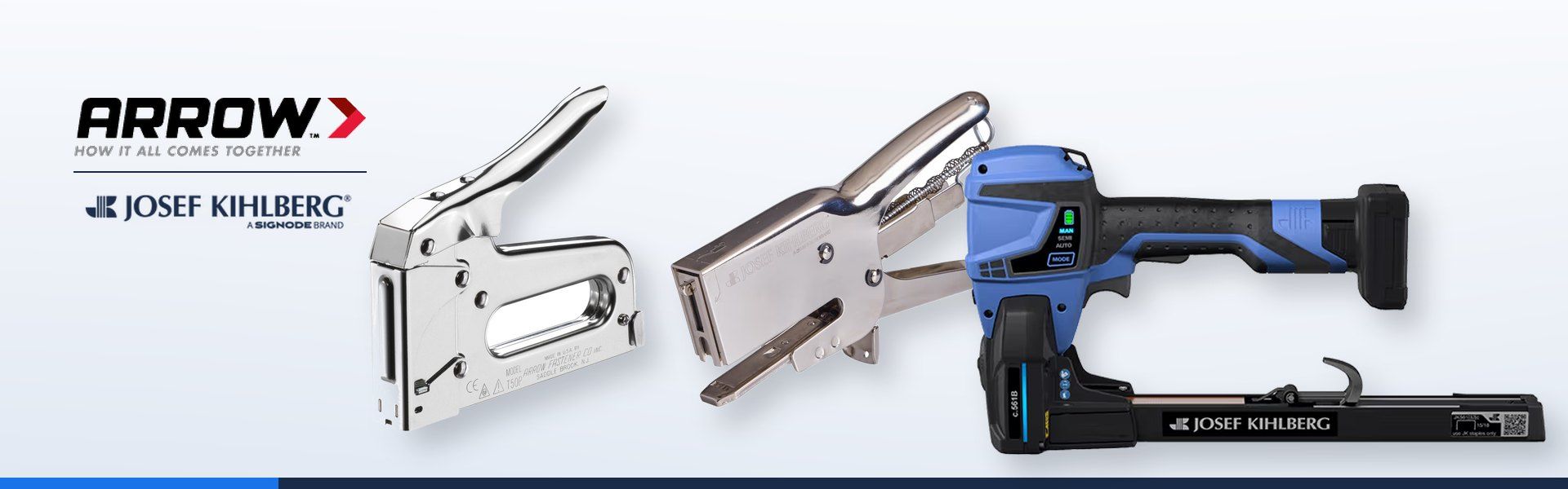 Arrow T50 staple gun, Josef Kihlberg JK34 plier stapler and c.561B cordless carton closer