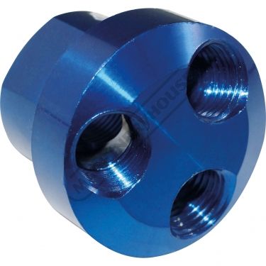 three way adapter 3/8" in - 1/4" out - anodized blue