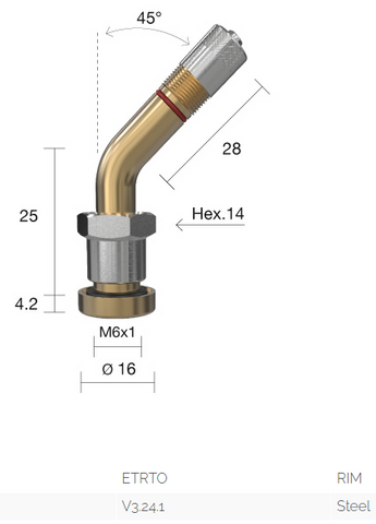 truck TPMS valve 45' bend 56mm brass - Italy