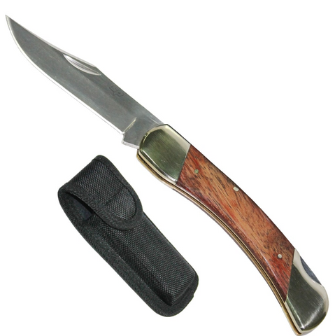 stock knife - folding, wooden handle, pouch sp tools