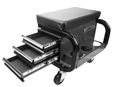 workshop roller seat, three drawer black