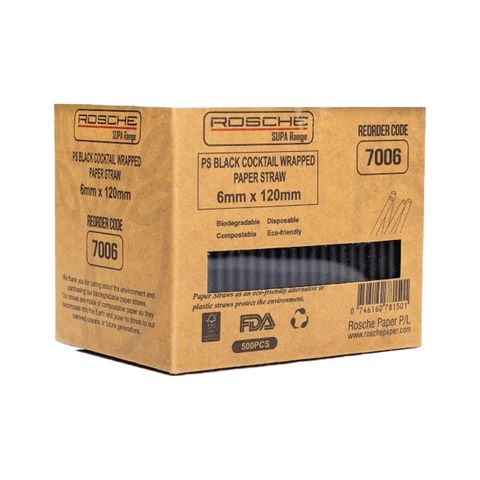 ROSCHE COCKTAIL STRAW 6X120MM 4PLY BLK (B7006)(500/3000)
