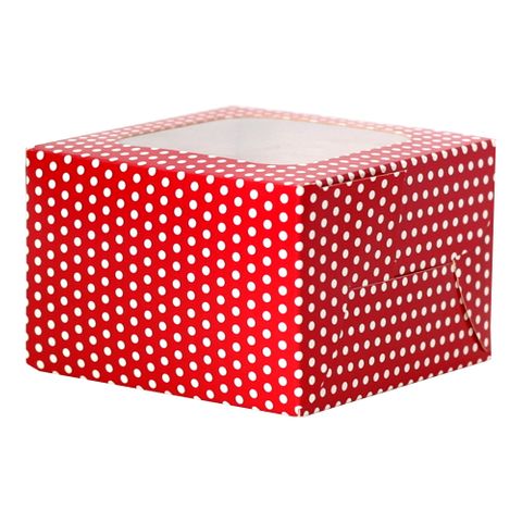SWEET TREATS BOX 115(L)x115(W)x75(H)mm RED/WHITE DOTS MIN.BUY 10