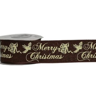 MERRY CHRISTMAS 38mm x 9Mtr BROWN/ CREAM WRITING (WIRED)