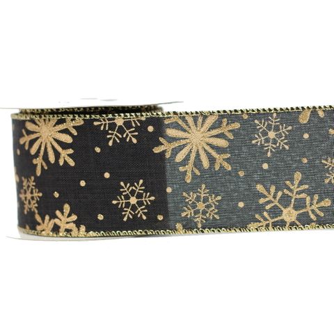 SNOWFLAKE 64mm x 9Mtr BLACK / GOLD (WIRED) - NO RETURNS