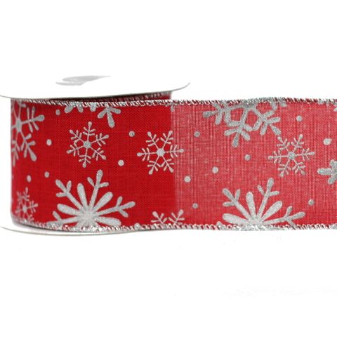 CHRYSTELLA RED SILVER SNOWFLAKES  64MM x 9Mtr (WIRED)