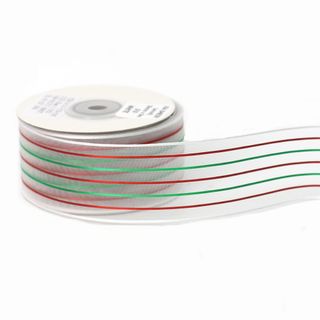 XIA SHEER 38mm x 9Mtr WHITE RIBBON  RED/GREEN STRIPE (WIRED)