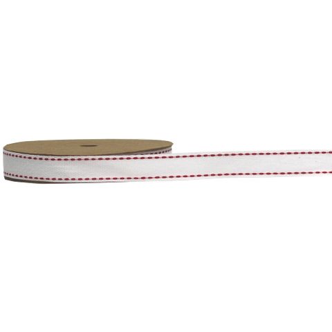 MEMPHIS RIBBON 15mm X 10Mtr WHITE WITH RED STITCHING