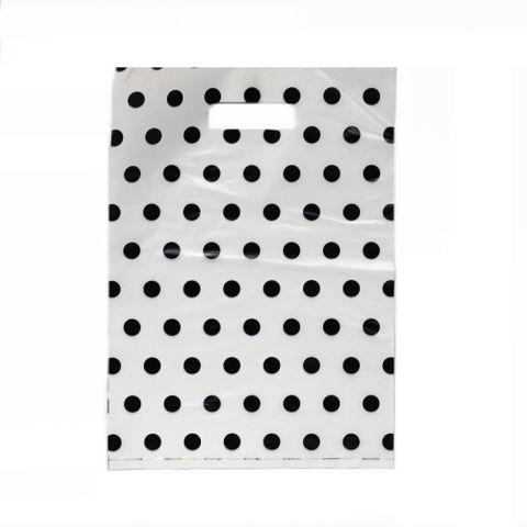 DIECUT BAG SML 36(H) x 25.5(W) cm WHITE/BLACK DOTS (100 PER PACK)