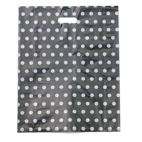 DIECUT BAG LRG 520x415mm BLACK / SILVER GREY DOTS (50)