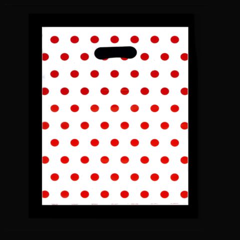 DIECUT BAG SML 36(H) x 25.5(W) cm WHITE/RED DOTS (100 PER PACK)