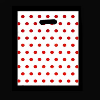 DIECUT BAG SML 36(H) x 25.5(W) cm WHITE/RED DOTS (100 PER PACK)