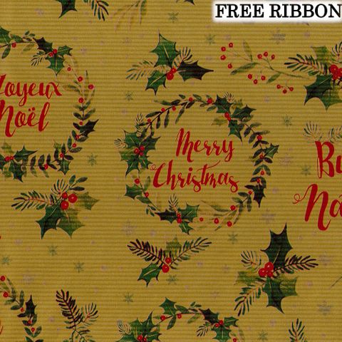 CHRISTMAS WISHES GOLD RECYCLED 500mm x 50Mtr - FREE ORG XMAS R&G