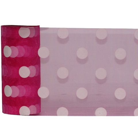 DEBBIE DOT ORGANZA 150mm x 23Mtr HOT PINK/WHITE DOT