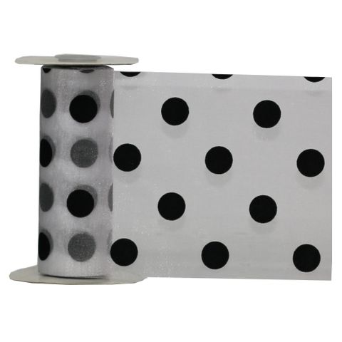 DEBBIE DOT ORGANZA 150mm x 23Mtr WHITE/BLACK DOT