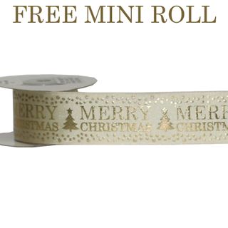 MERRY CHRISTMAS 38mm x 9Mtr CREAM/GOLD WRITING -FREE MINI ROLL
