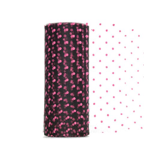 TULLE FLOCKED 150mm x 23Mtr BLACK/PINK