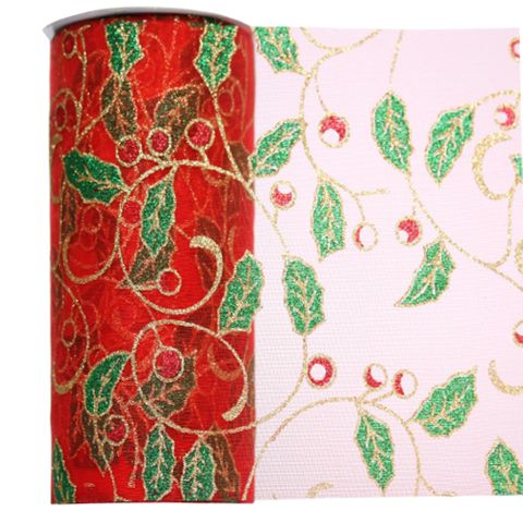 ORGANZA CHRISTMAS 150mm X 20Mtr HOLLY RED/GREEN-BUY 1 GET 1 FREE