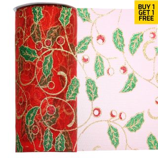 ORGANZA CHRISTMAS 150mm X 20M HOLLY RED/GREEN-BUY 1 GET 1 FREE