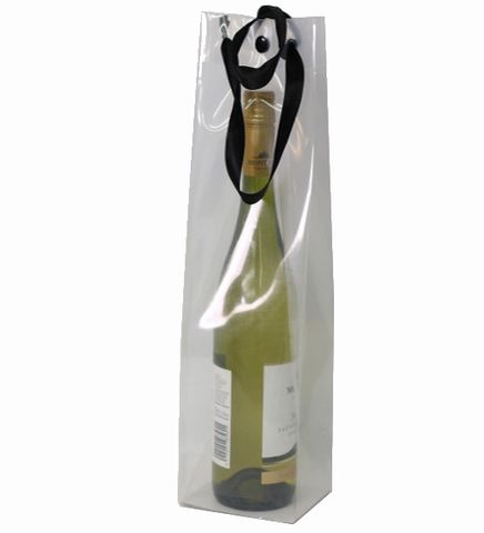 CLEAR WINE BAG WITH BLACK SATIN HANDLE 36Hx12Wx10G cm 25 PER PACK