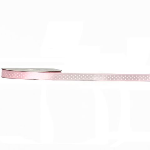 SATIN DOT 10mm x 9Mtr PALE PINK WITH WHITE DOTS - BUY 1 GET 1 FREE