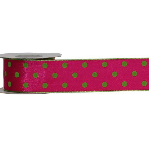 LULU (SATIN) 38mm x 9Mtr PINK WITH LIME DOT (WIRED)