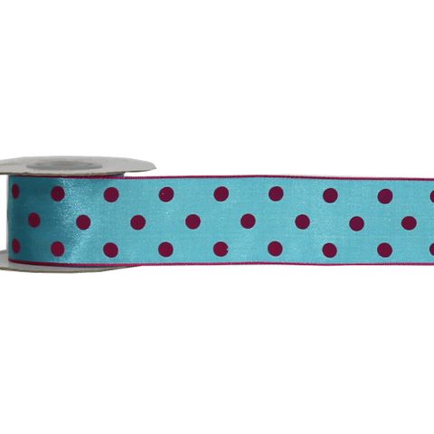 LULU (SATIN) 38mm x 9Mtr TURQUOISE WITH PINK DOT (WIRED)